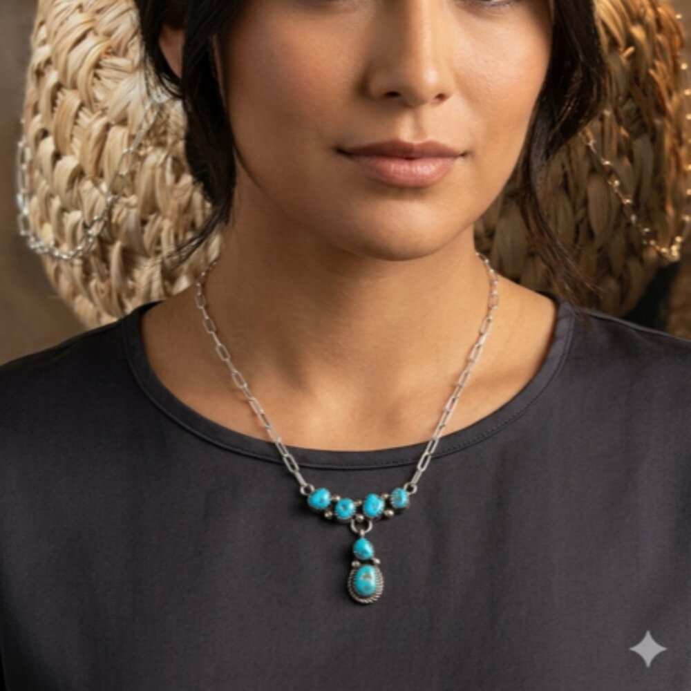 Genuine Indian Handcrafted Sterling Silver Turquoise Dangle Necklace 18 inches